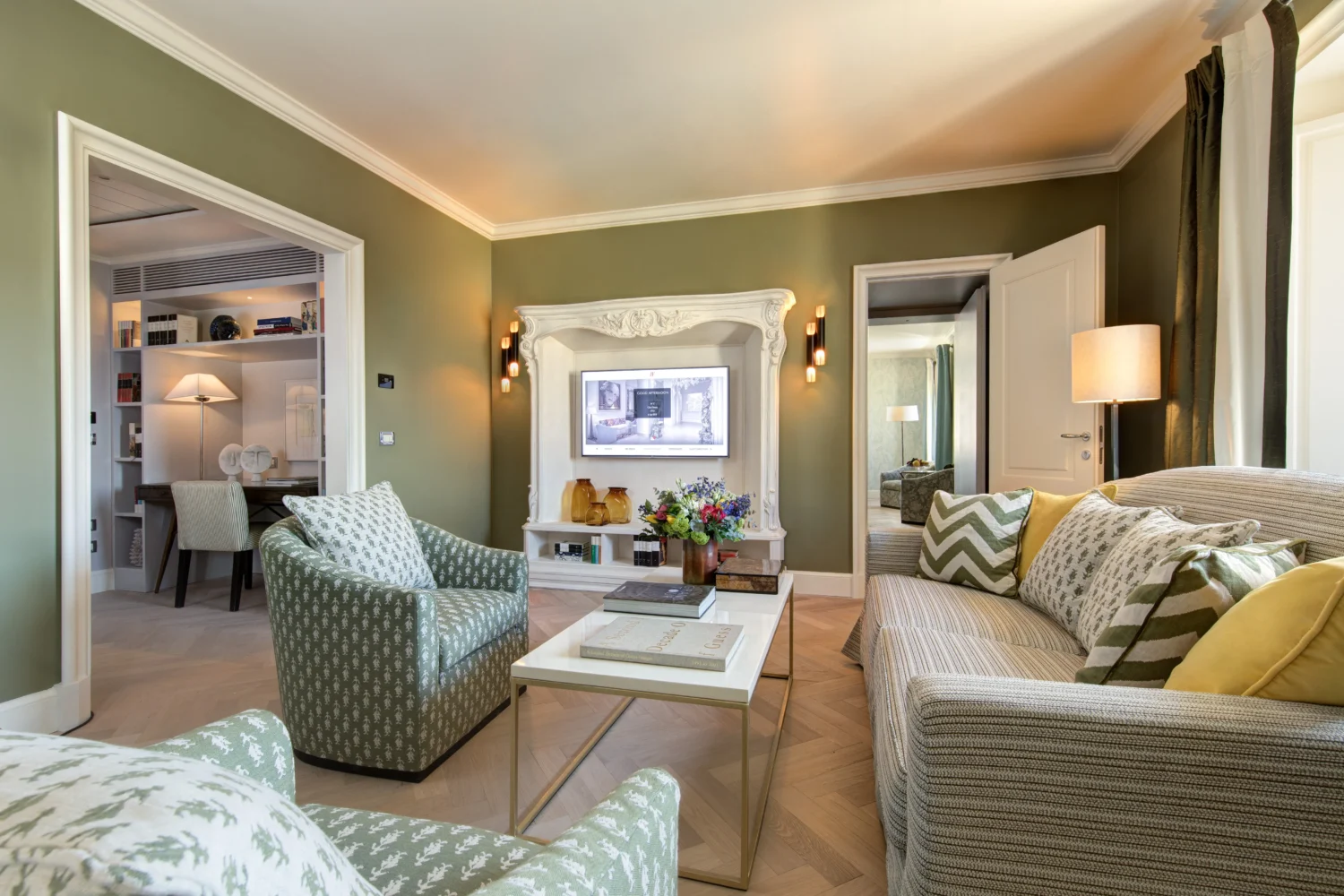 Luxurious living room at Hotel Savoy, Florence. Honeymoon suite in Italy.