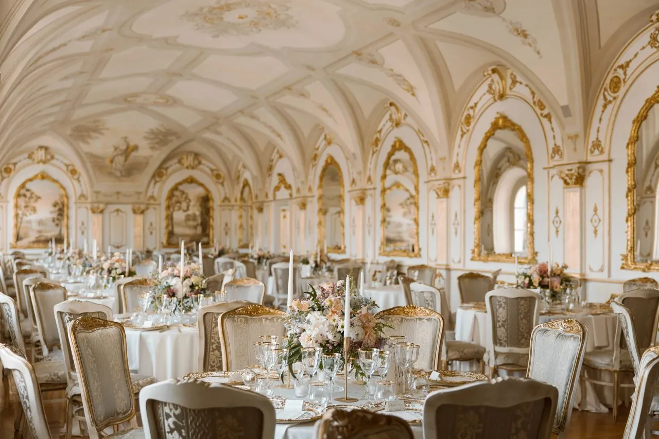Elegant wedding reception tables in a grand Italian villa. Italian Countryside Wedding.