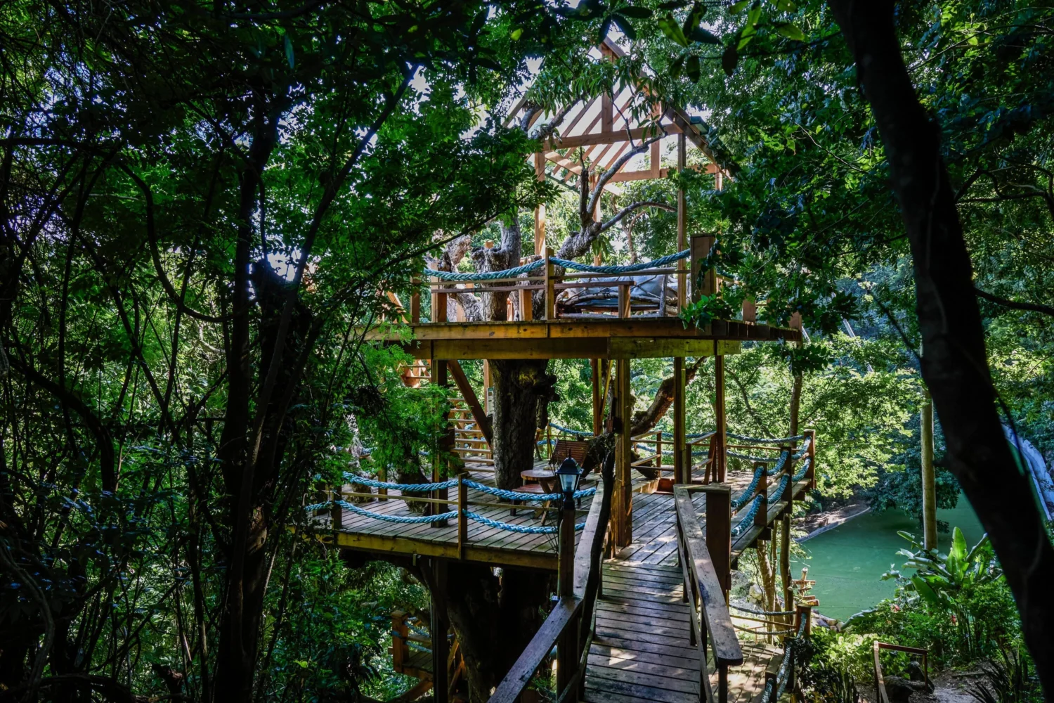 Romantic treetop platform overlooking a lush tropical landscape, perfect for an island wedding or honeymoon at Ladera Resort.