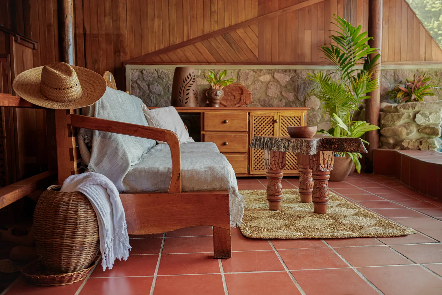 Relaxing wooden patio furniture at Ladera Resort, perfect for an island honeymoon or wedding.