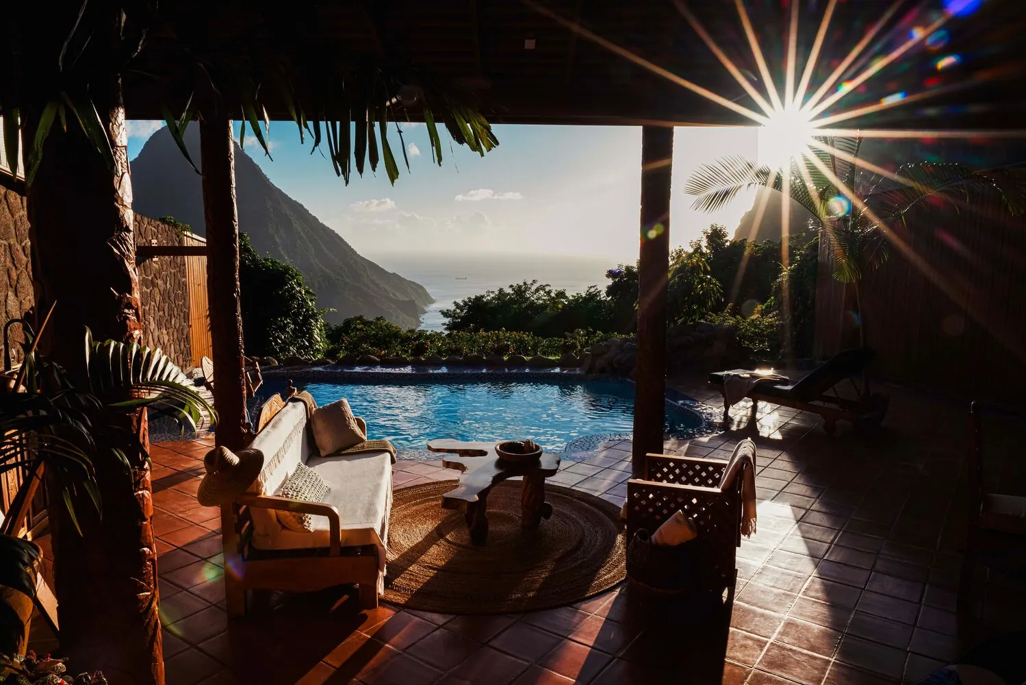 Luxury resort pool with stunning Piton mountain view; ideal for an Island Wedding & Honeymoon at Ladera Resort.