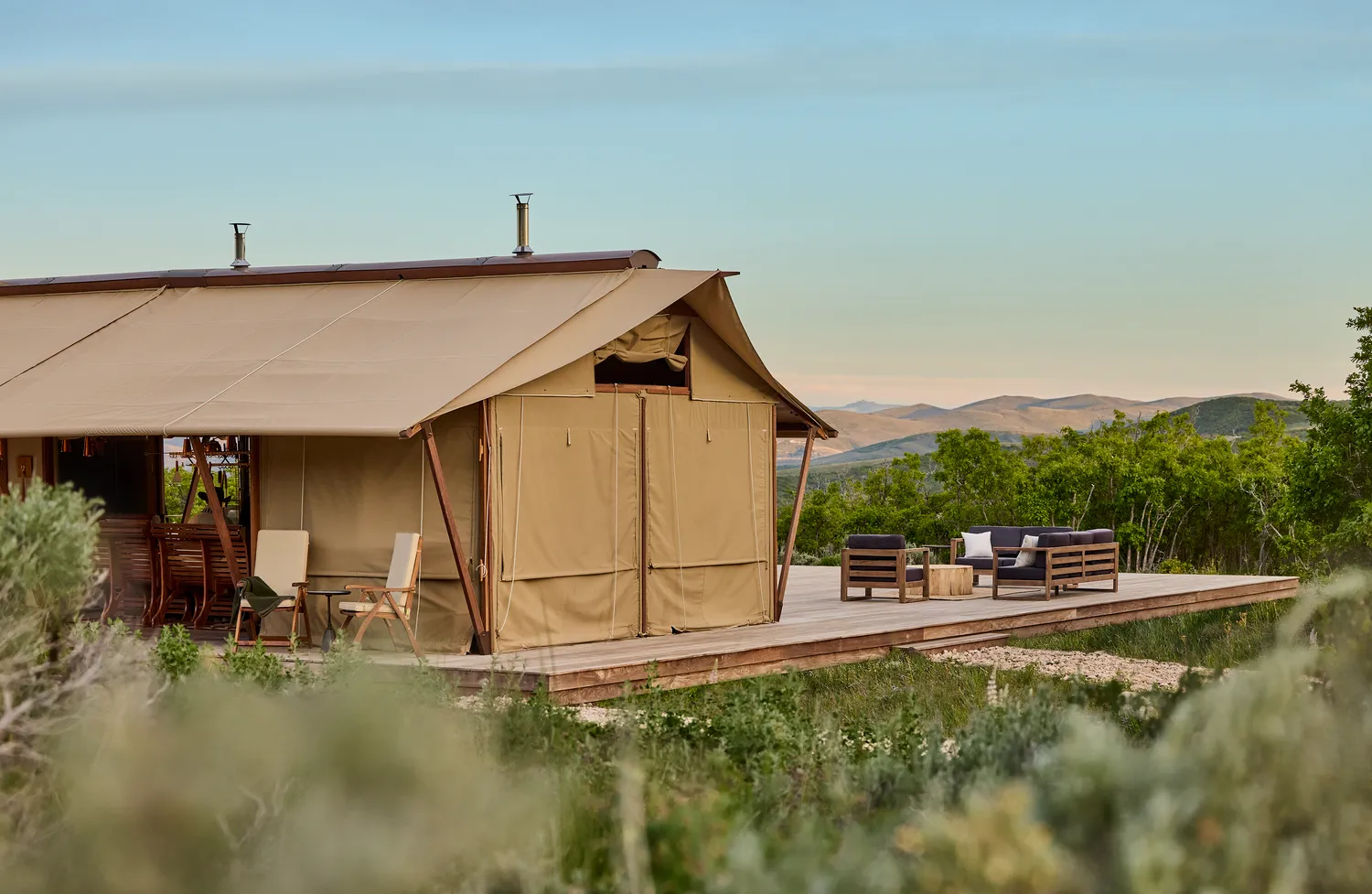 Luxury glamping tent at Utah's Blue Sky Ranch, perfect for a romantic getaway or Utah ranch wedding.