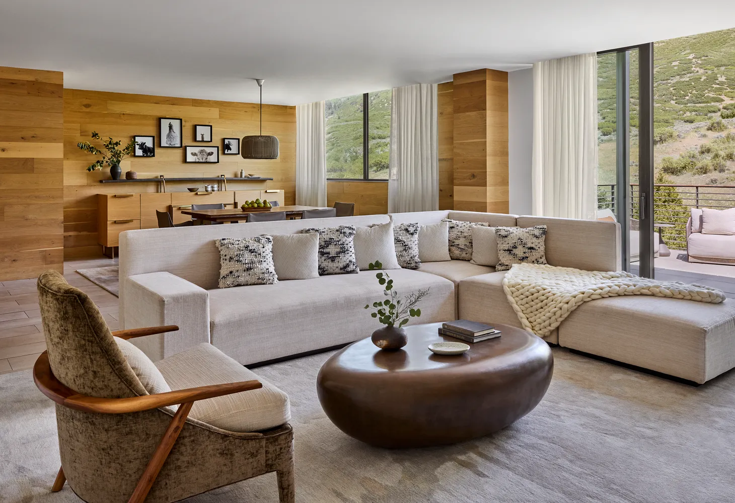 Luxurious living room at The Lodge at Blue Sky, featuring a large sectional sofa and stunning mountain views.