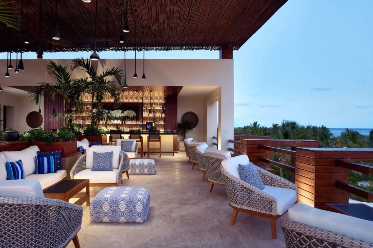 Luxury Chablé Maroma resort rooftop bar with ocean views; perfect for weddings & honeymoons.