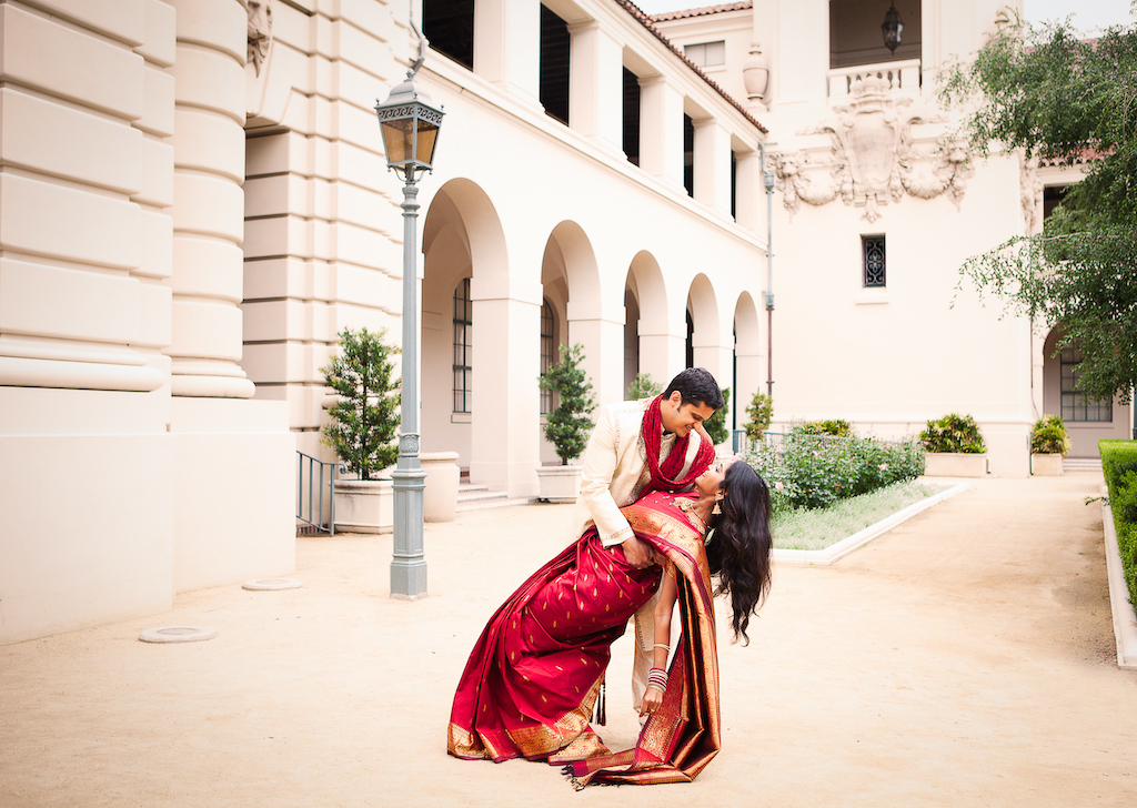 Indian wedding couple in a dip