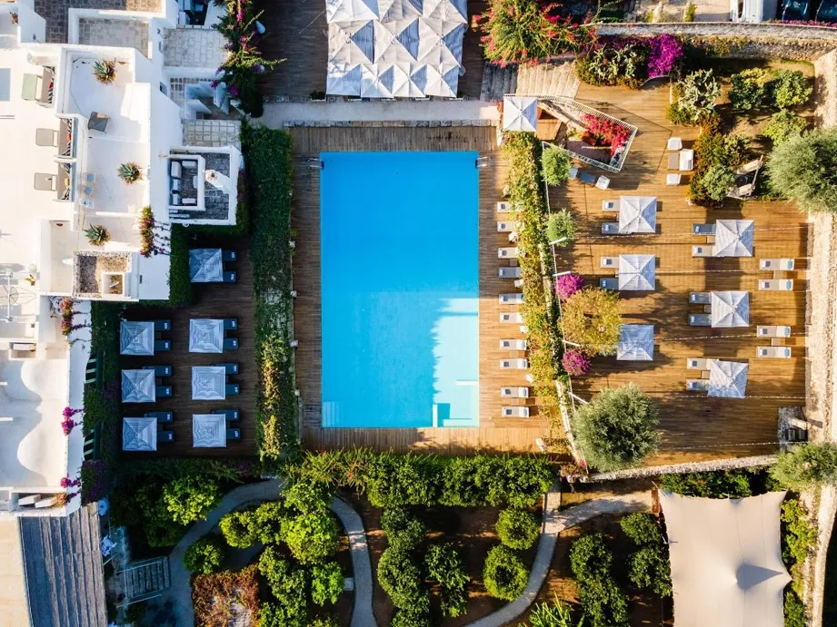 Aerial view of Masseria Torre Maizza's pool and grounds, perfect for a Puglia wedding.