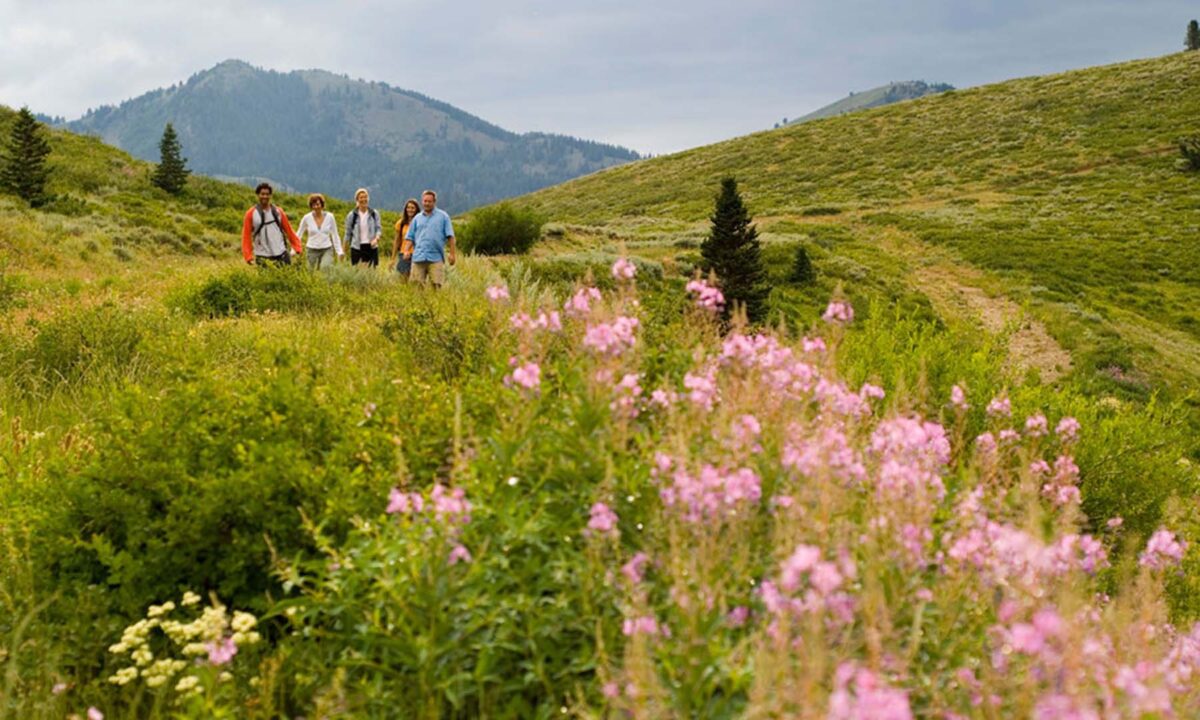 Group of friends hiking in a beautiful Park City meadow.