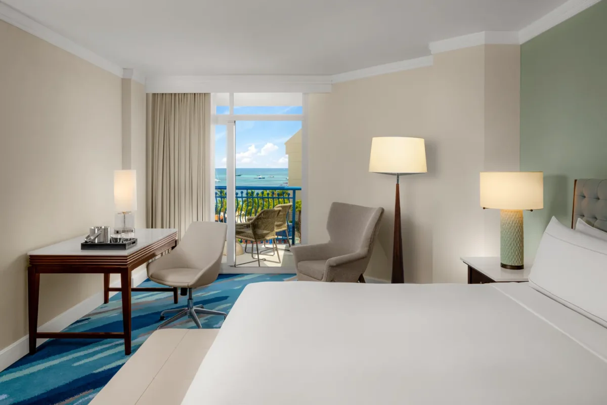 Spacious hotel room with ocean view at Hilton Aruba. Perfect for a Hilton Aruba Destination Wedding.
