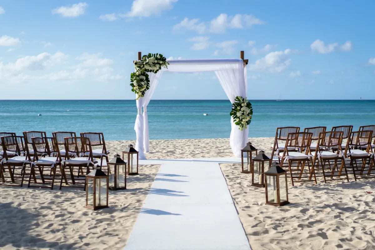 Beach wedding setup at Hilton Aruba, perfect for a Hilton Aruba Destination Wedding.