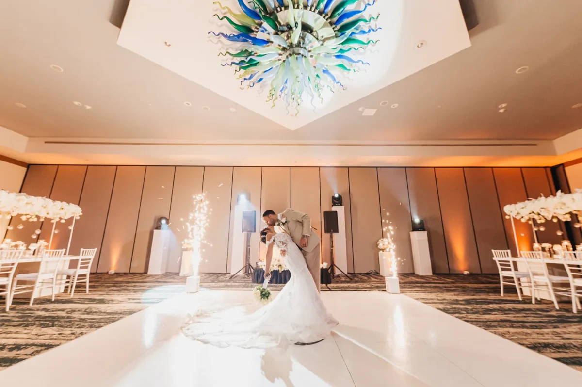 Bride and groom share a first dance at a Hilton Aruba Destination Wedding