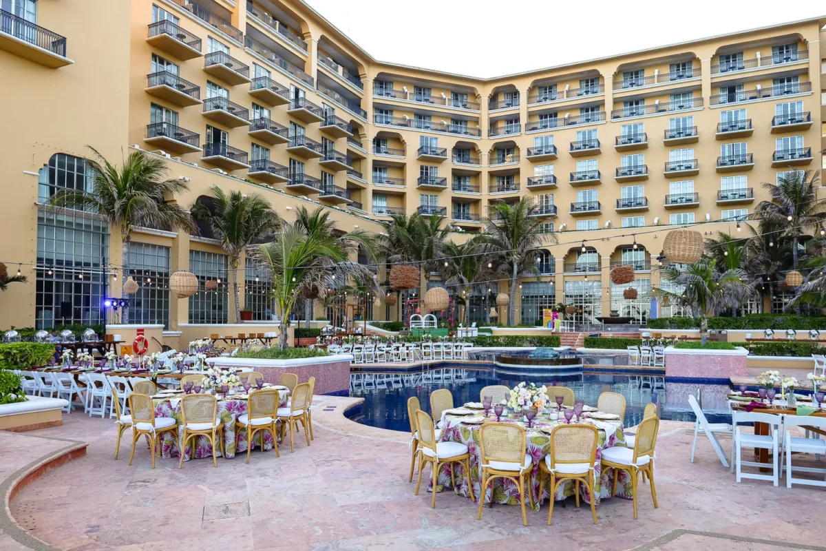 Destination wedding reception at Kempinski Hotel Cancún, tables set around a pool.
