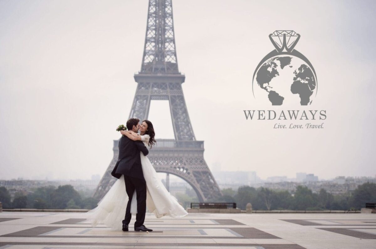 Couple embracing near Eiffel Tower, ideal wedding setting in France