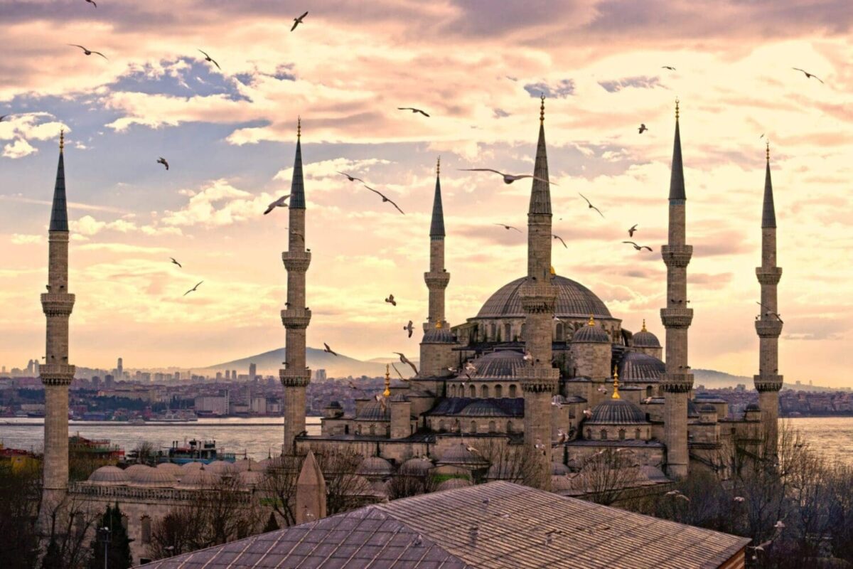 Majestic view of the Blue Mosque at sunset, perfect for planning a dream honeymoon in Turkey