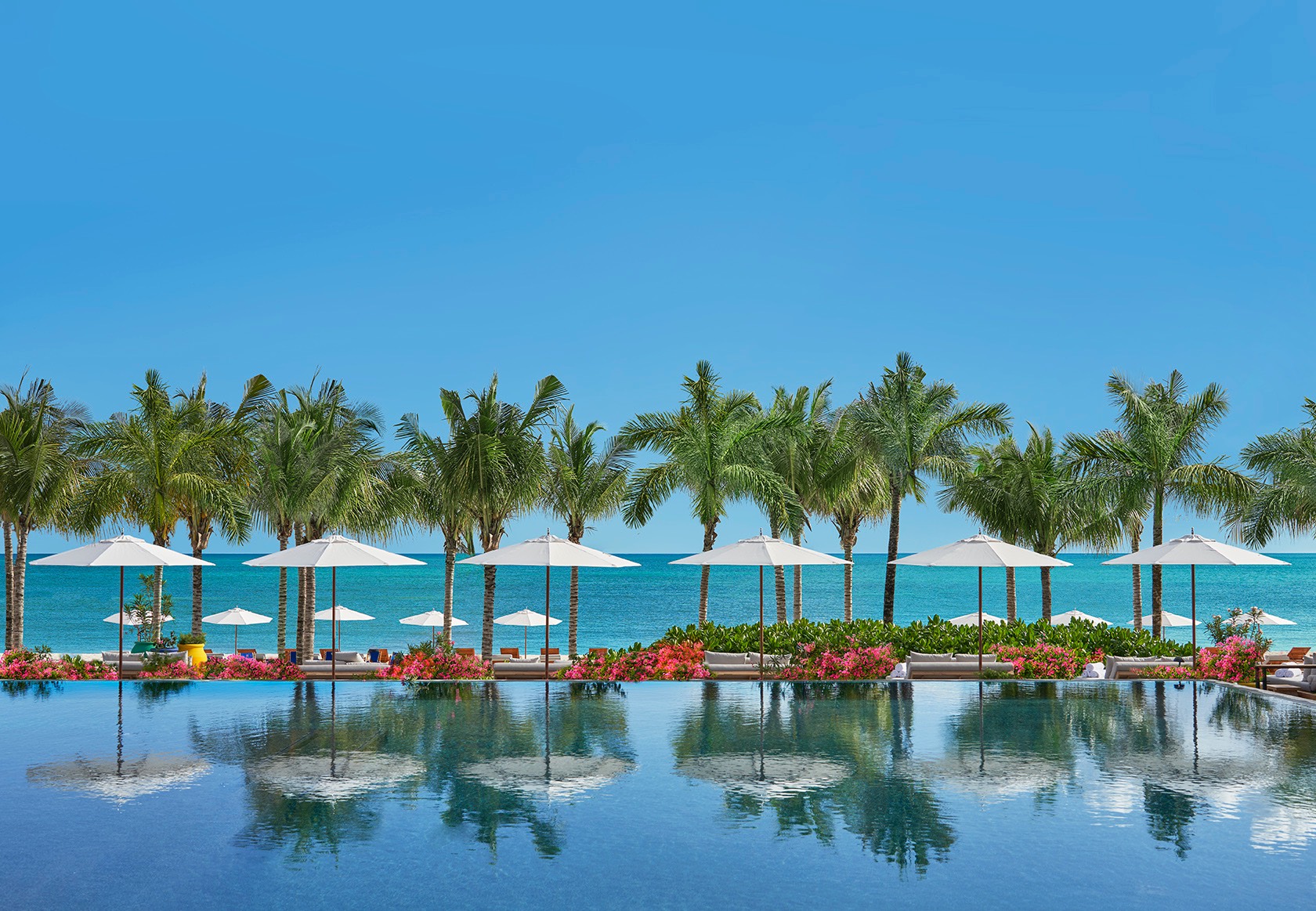 Infinity pool overlooking ocean with palm trees at luxury Mexico wedding venue