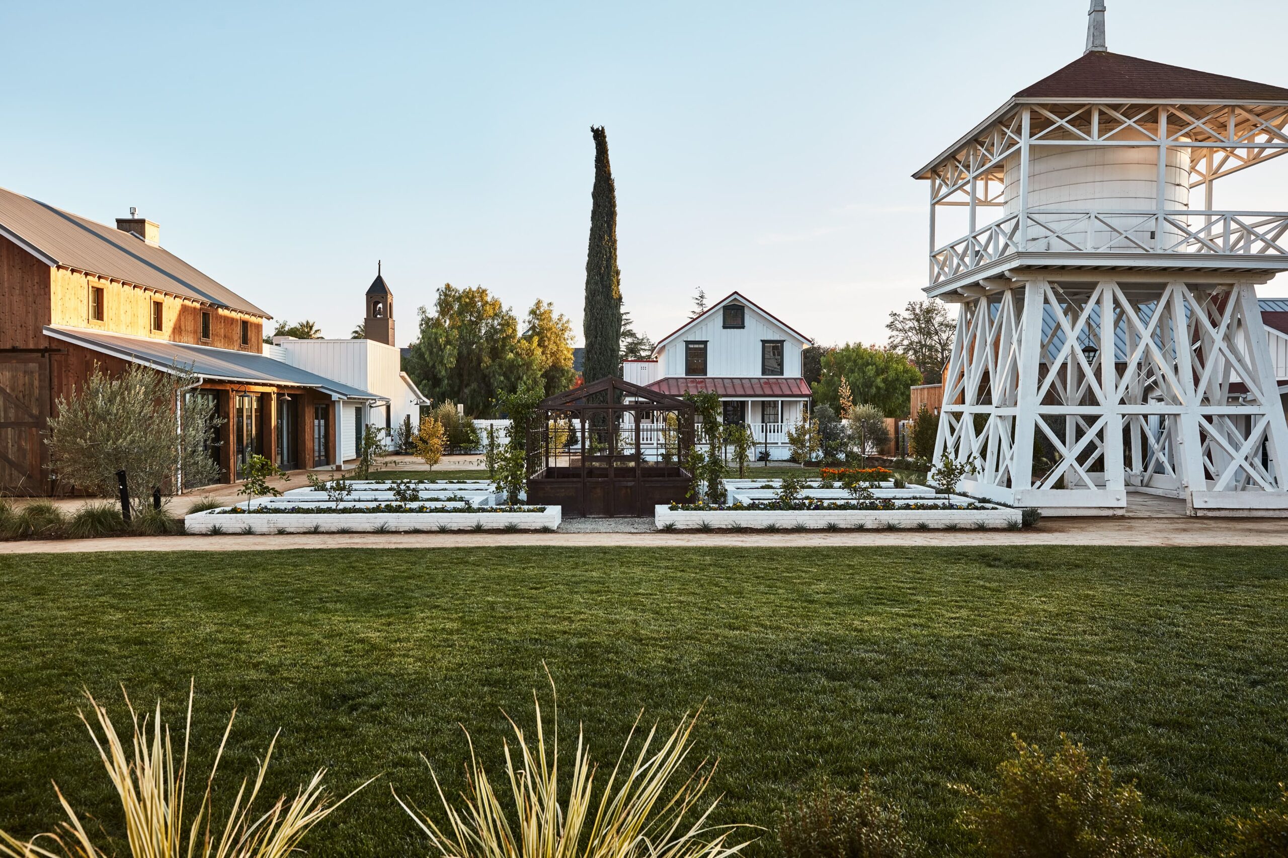 Historic architecture at The Inn at Mattei's Tavern in California at sunset