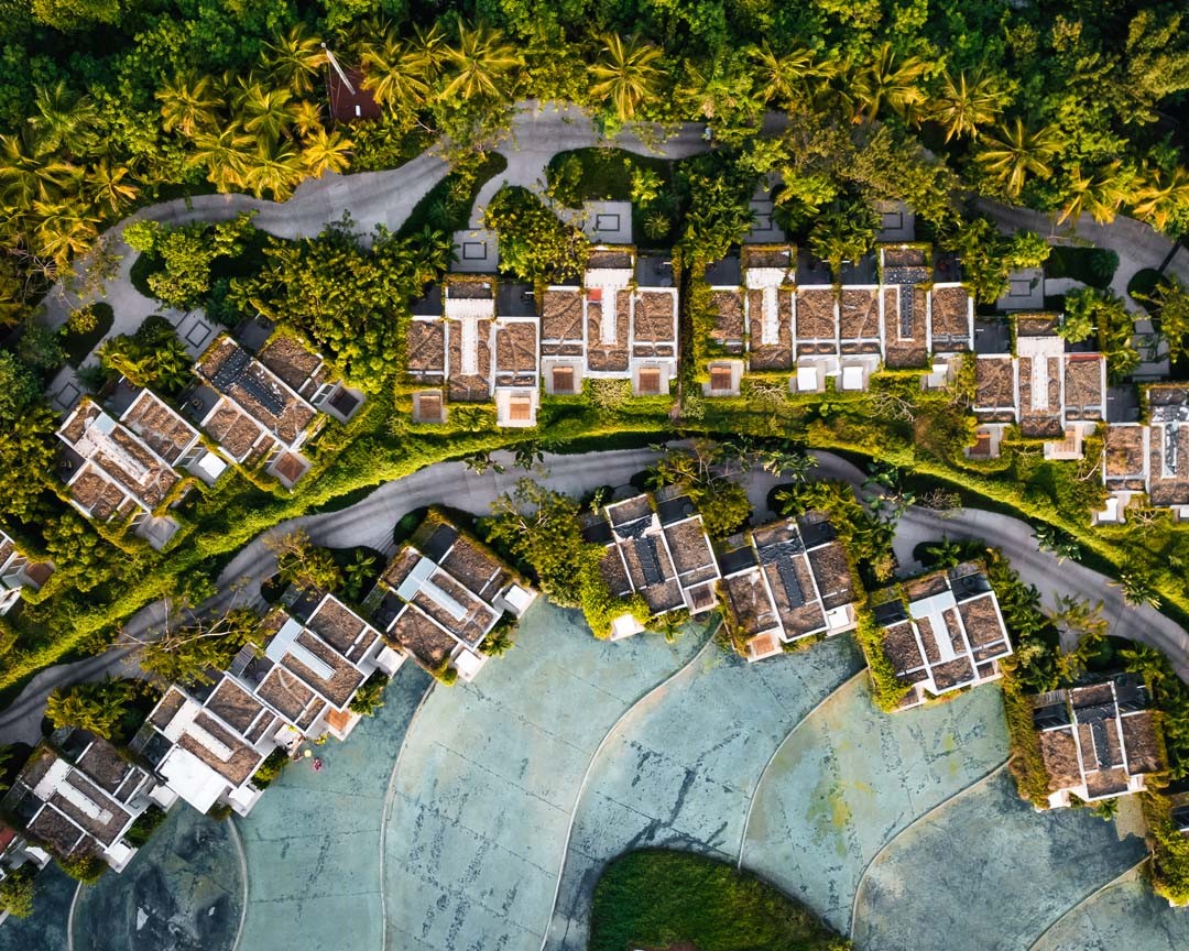 Aerial view of luxury resort with villas surrounded by lush greenery in Punta de Mita, Mexico