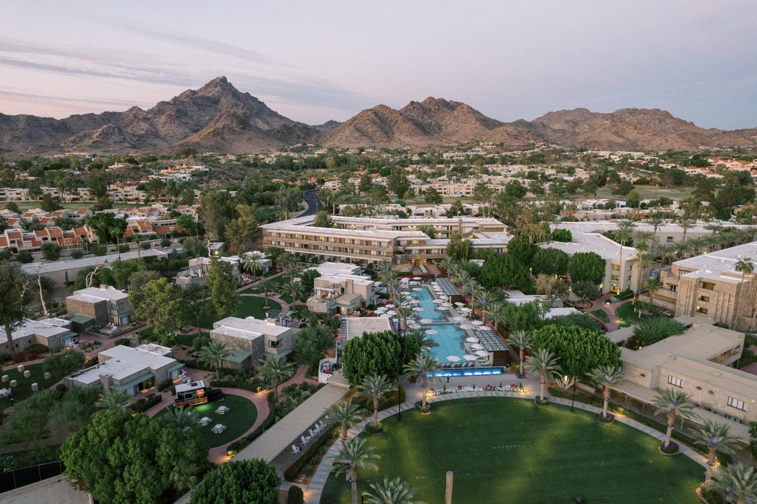 Aerial view of Arizona Biltmore with mountains in the background