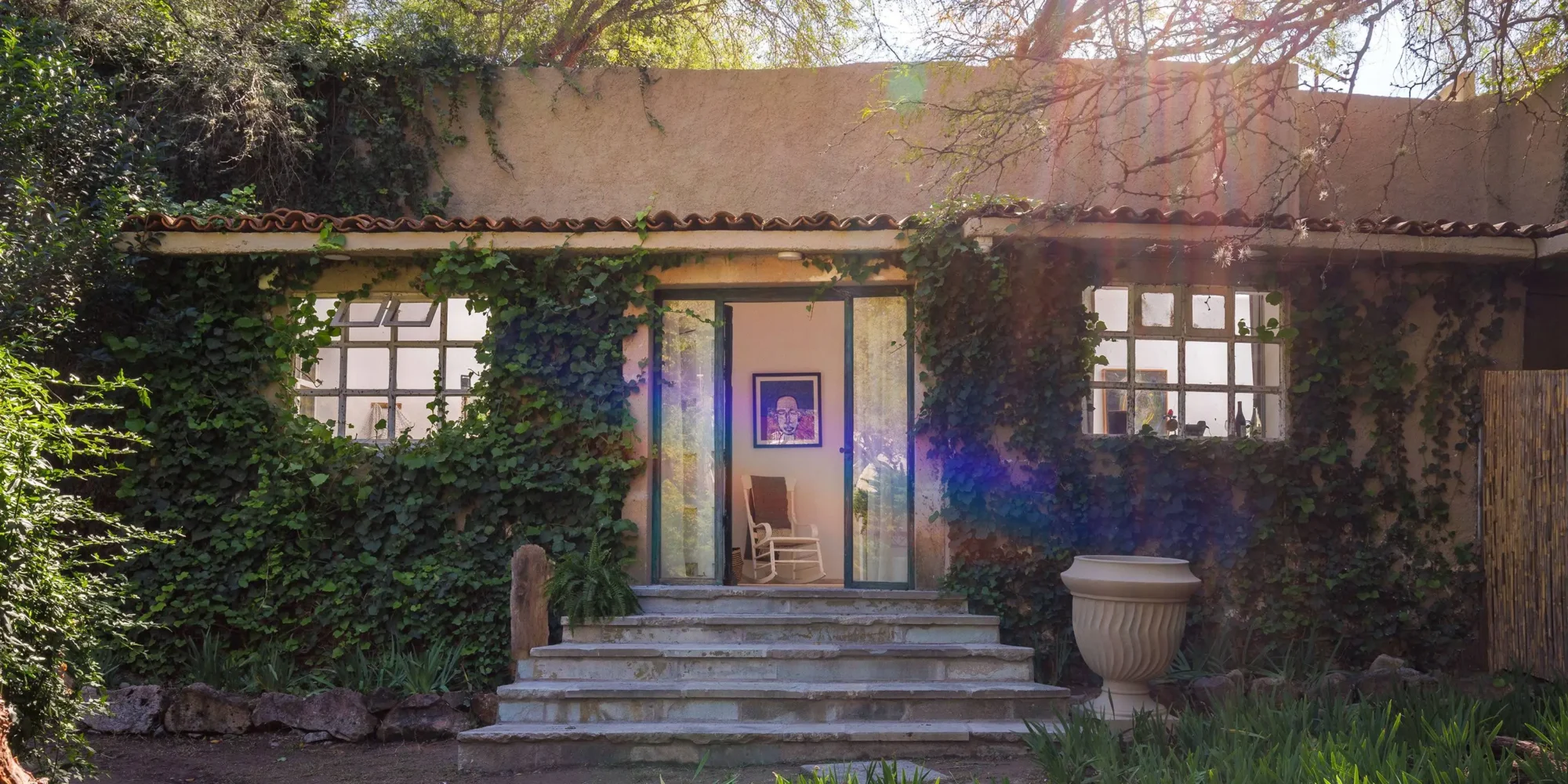 Stone steps lead to a charming Mexican hacienda, ideal for a dream wedding in Mexico. Lush greenery covers the walls.