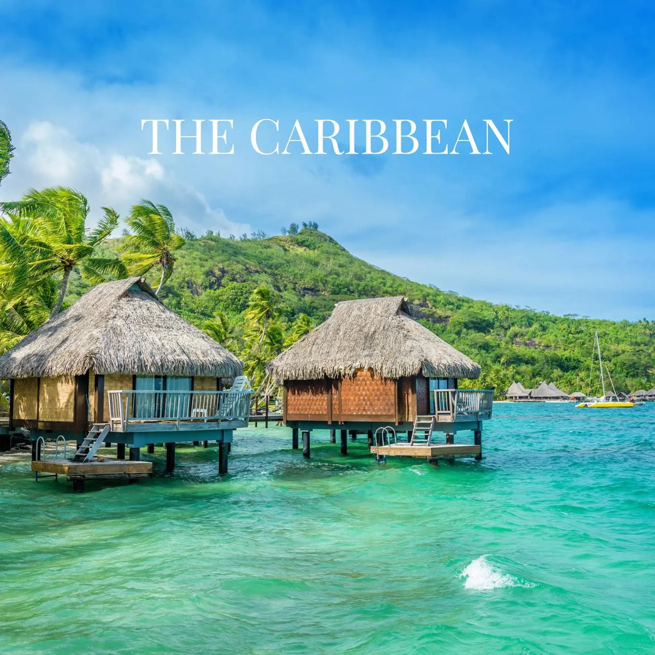 Overwater bungalows in the Caribbean Sea. Luxury vacation resort.