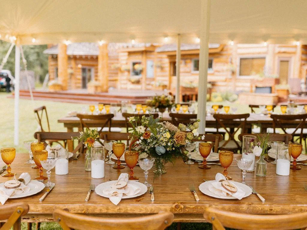 Wedding reception table setting at the Bentwood Inn in Jackson Hole, Wyoming.