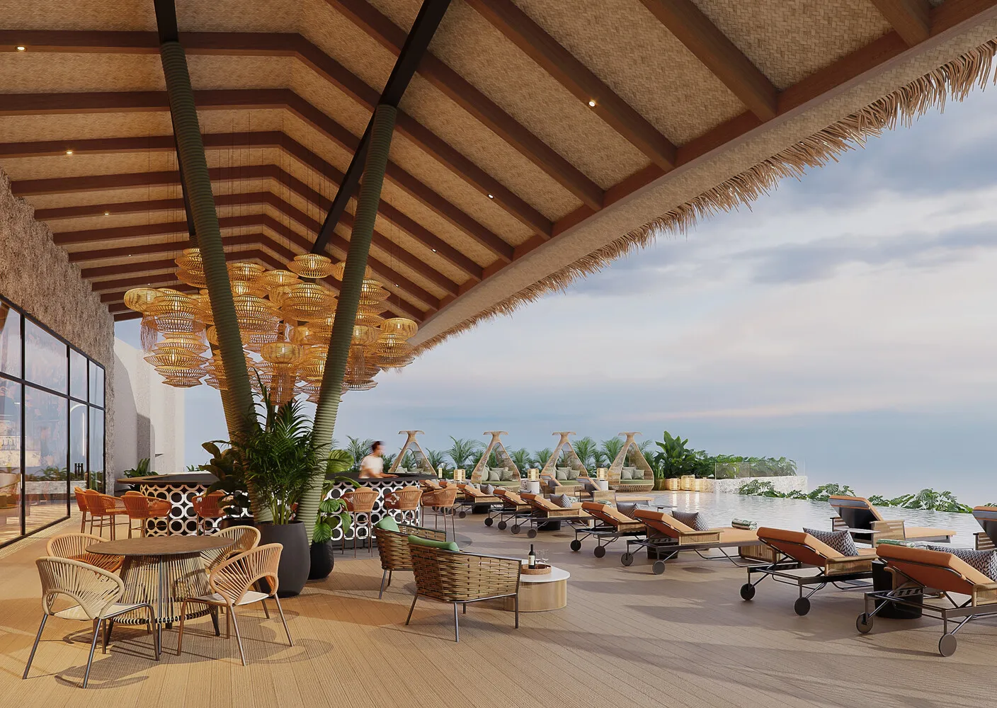 Relaxing lounge area at the Zemi Miches All-Inclusive Resort, featuring wicker furniture and a stunning ocean view.