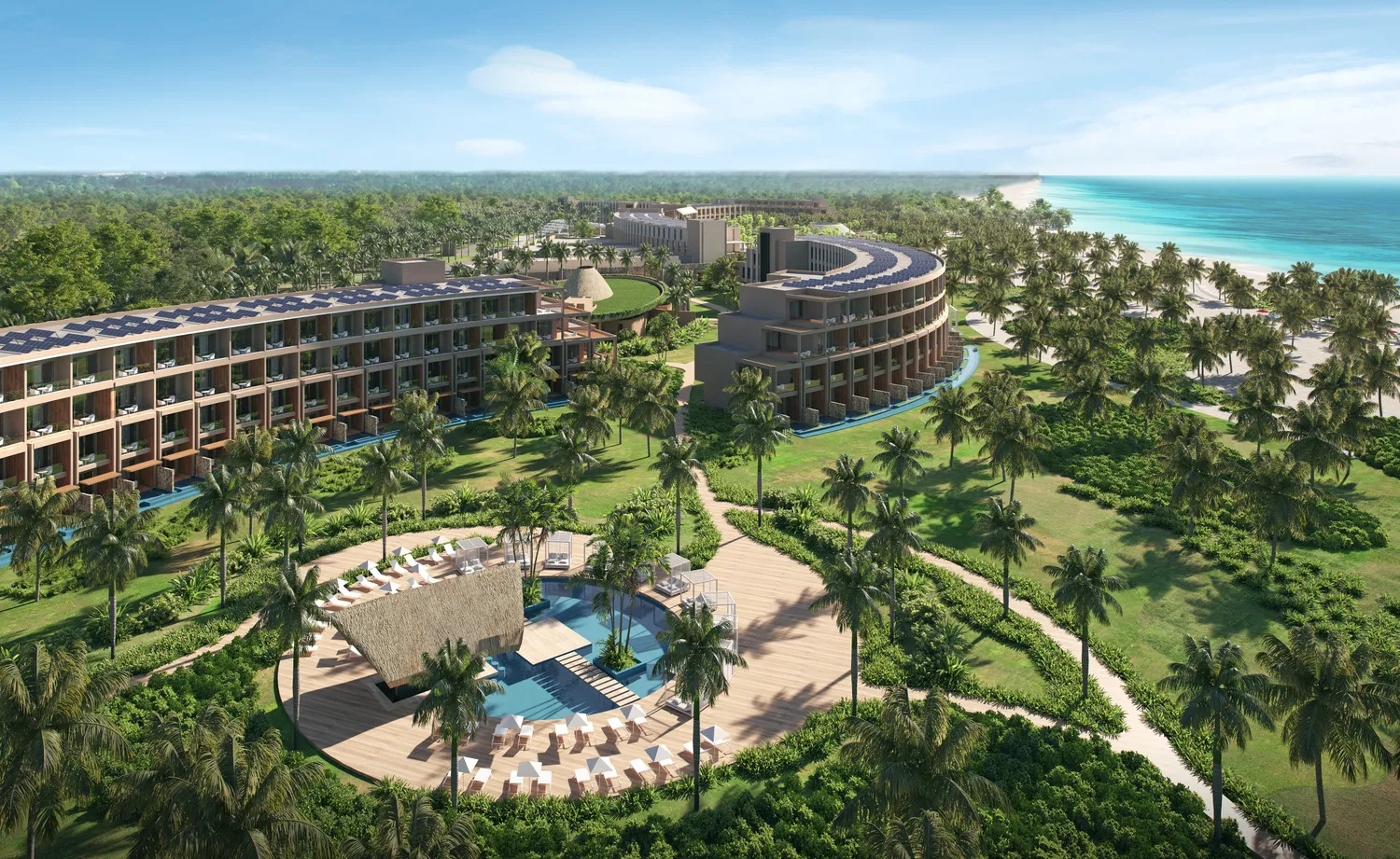 Aerial view of Zemi Miches All-Inclusive Resort, showcasing its luxurious accommodations and beachfront location.