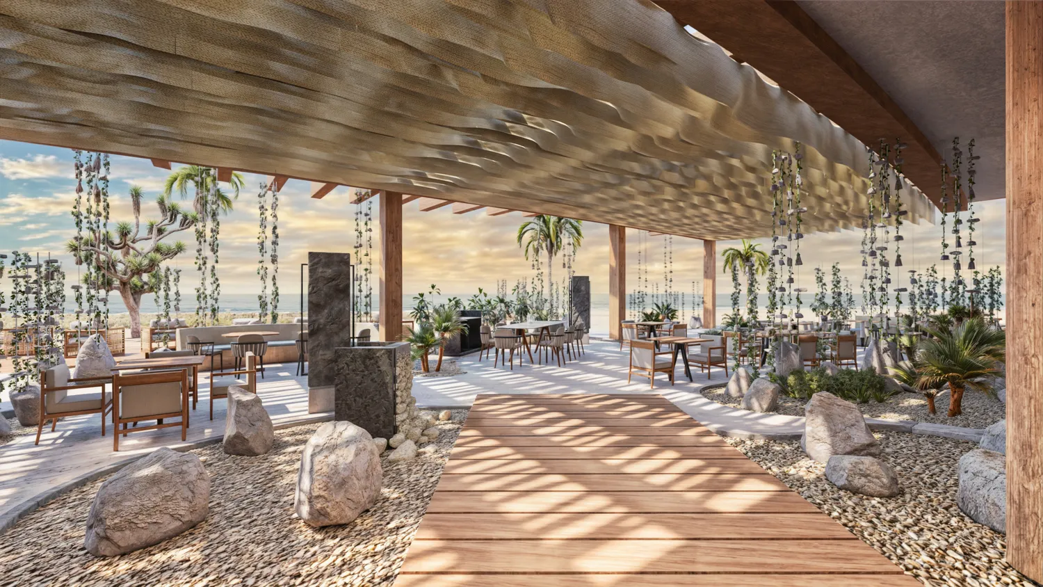 Relaxing outdoor patio at the Zemi Miches All-Inclusive Resort, featuring wooden furniture and beach views.