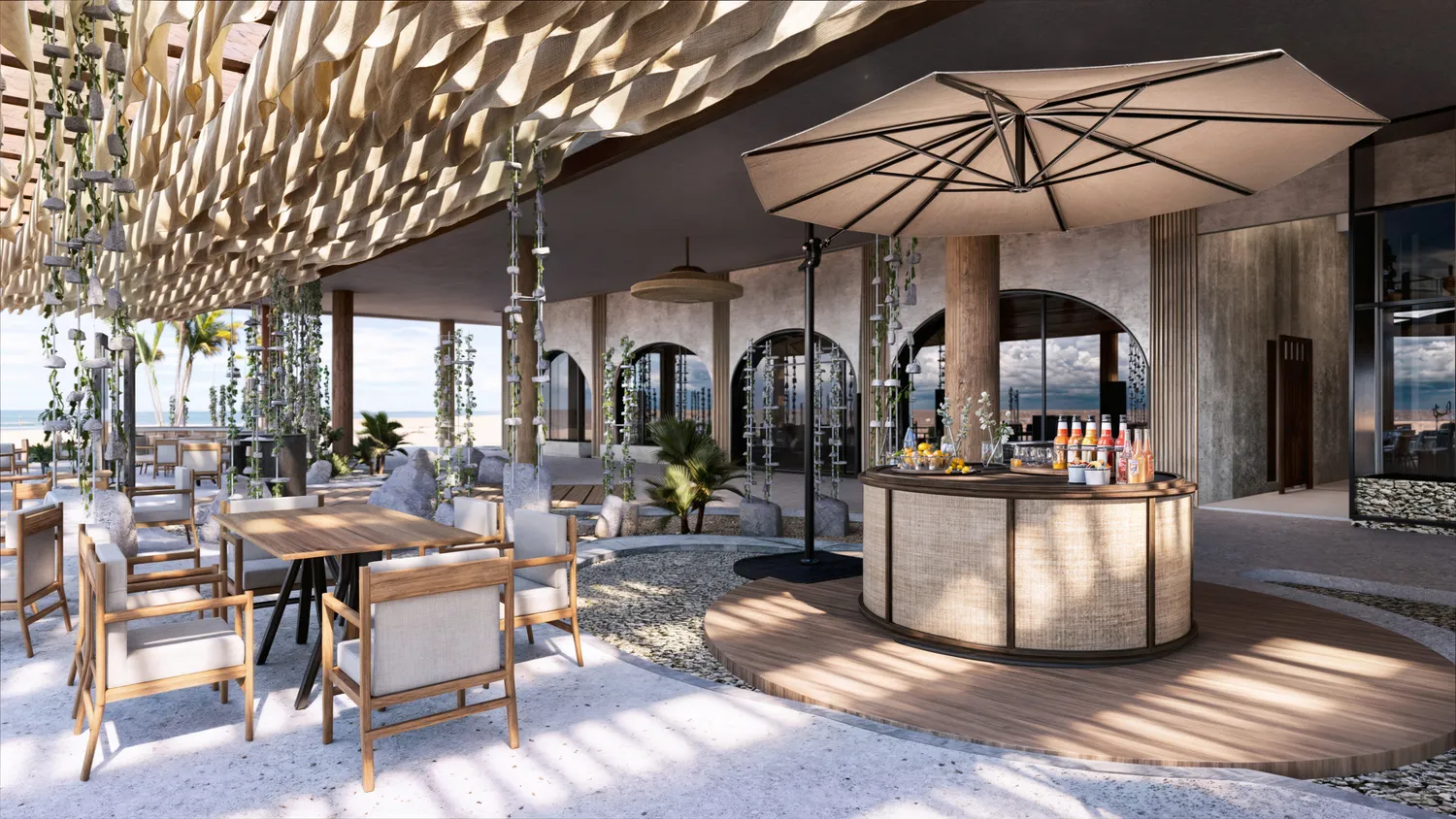 Outdoor lounge area at the Zemi Miches All-Inclusive Resort, featuring comfortable seating and a bar.