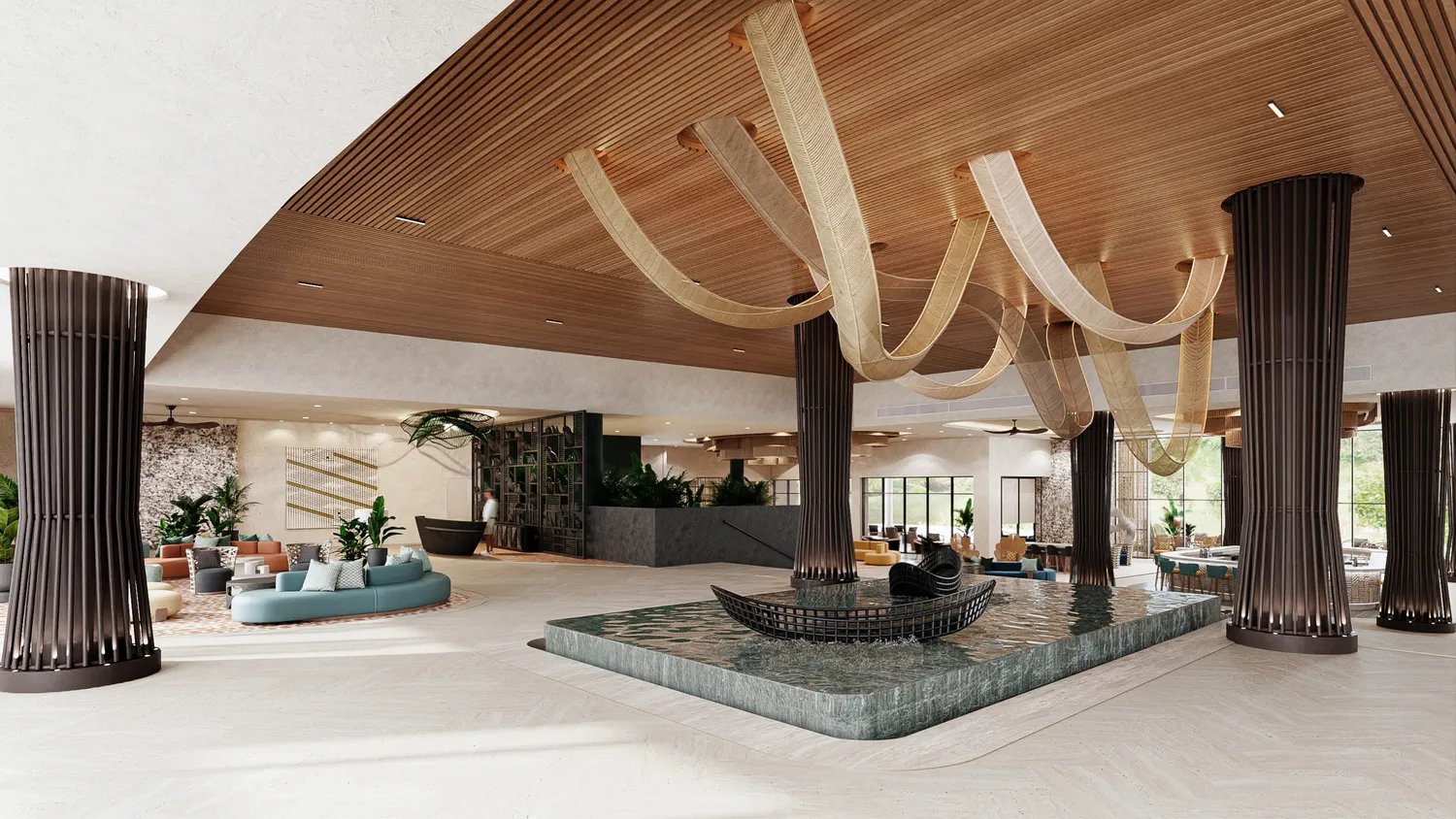 Luxurious lobby at the Zemi Miches All-Inclusive Resort, featuring a water feature and unique lighting.