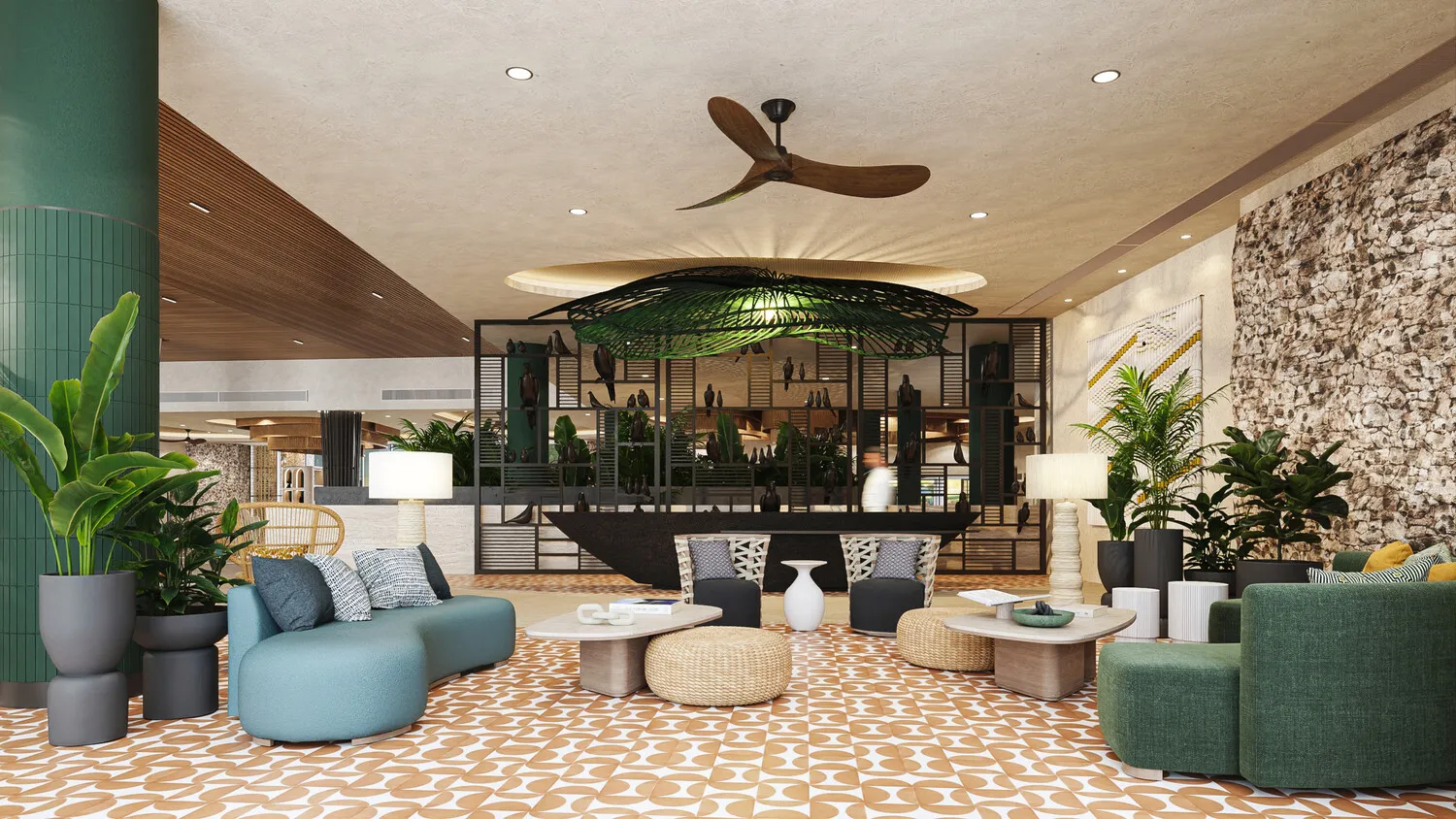 Luxurious lobby at the Zemi Miches All-Inclusive Resort, featuring comfortable seating and lush tropical plants.