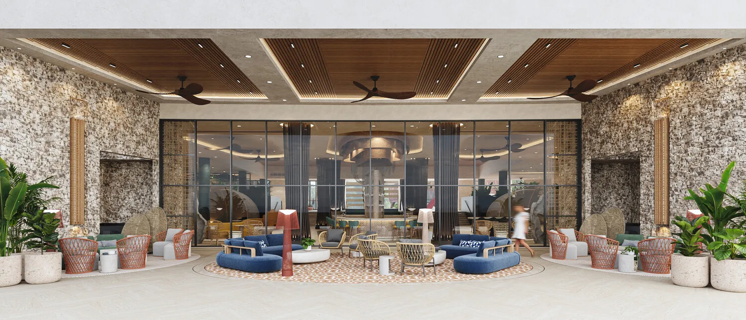 Outdoor lounge area at the Zemi Miches All-Inclusive Resort, featuring comfortable seating and lush landscaping.