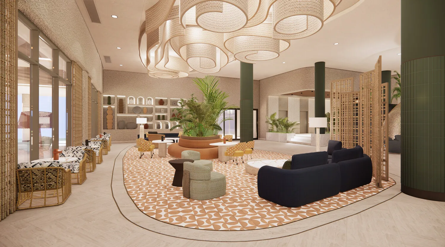 Luxurious lobby at the Zemi Miches All-Inclusive Resort, featuring stylish seating and decor.