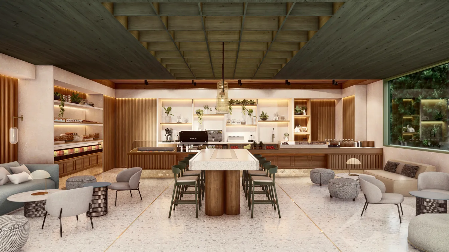 Modern cafe at the Zemi Miches All-Inclusive Resort, featuring a long communal table and comfortable seating.