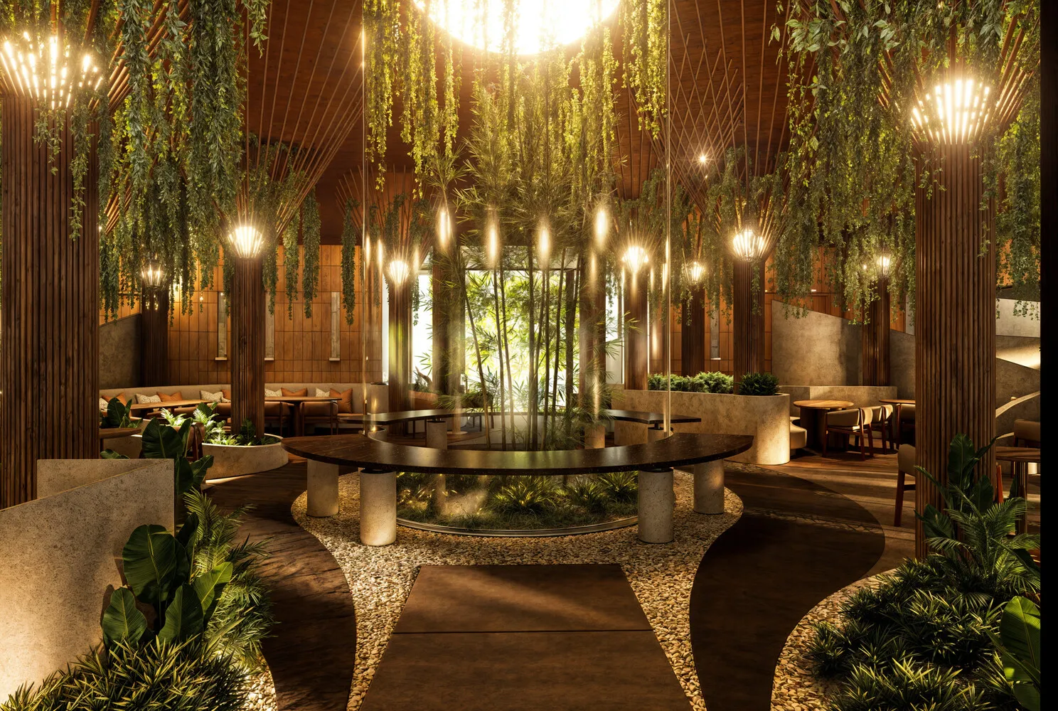 Luxurious lounge at the Zemi Miches All-Inclusive Resort, featuring a tranquil indoor garden.