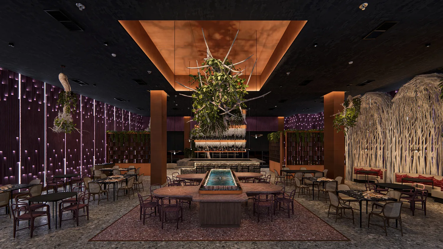 Luxurious dining area at the Zemi Miches All-Inclusive Resort, featuring a central water feature and unique decor.