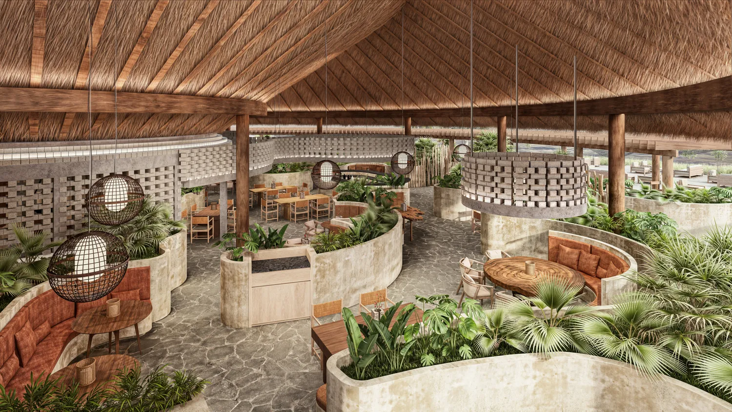 Relaxing dining area at the Zemi Miches All-Inclusive Resort. Lush plants and natural materials create a tranquil atmosphere.
