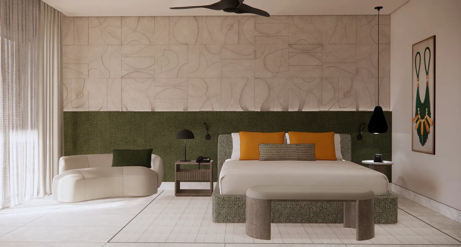 Luxurious bedroom at the Zemi Miches All-Inclusive Resort, featuring a comfortable bed and stylish seating.