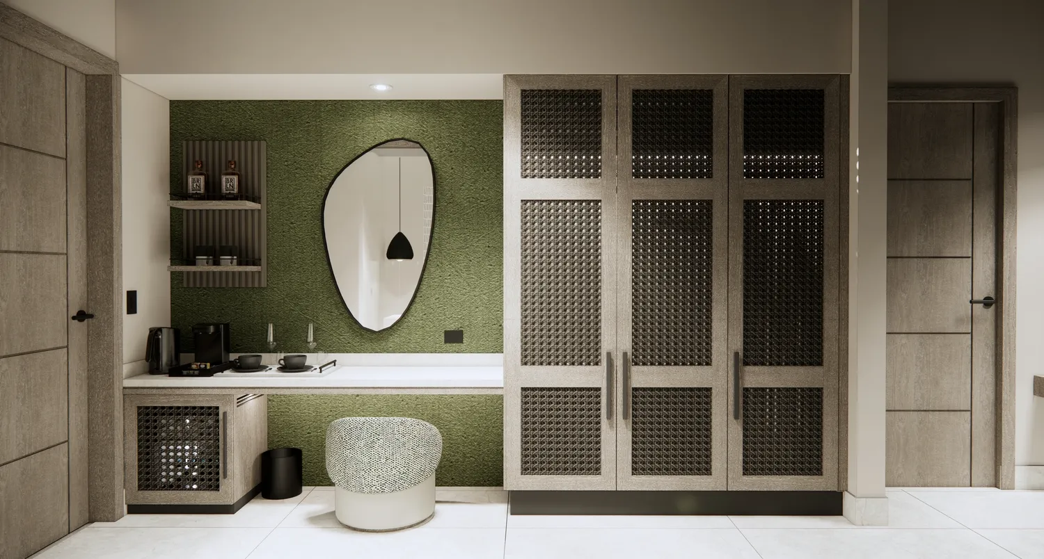Modern vanity and wardrobe in a Zemi Miches All-Inclusive Resort room.