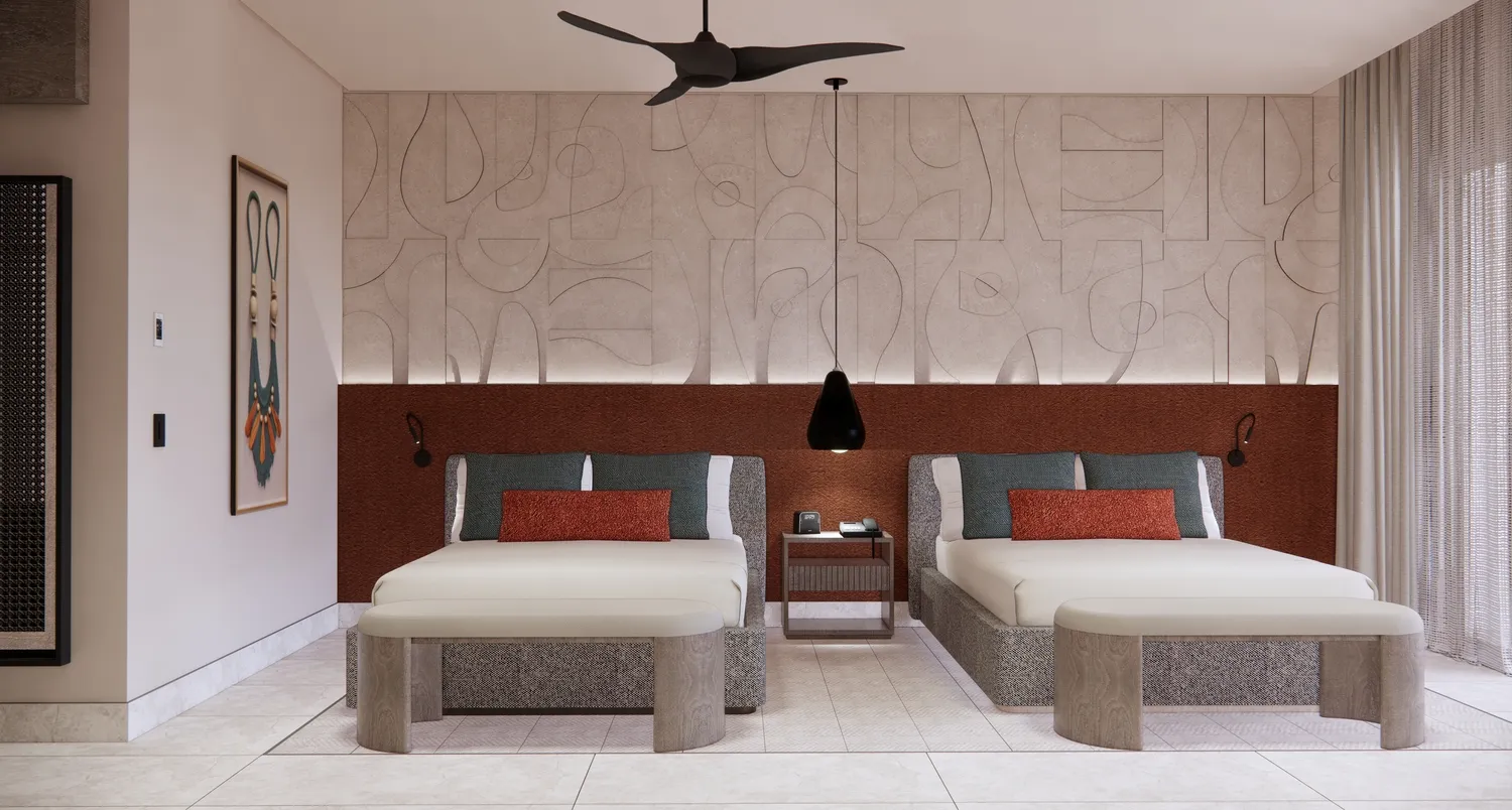 Modern bedroom at the Zemi Miches All-Inclusive Resort, featuring two twin beds and a unique wall design.