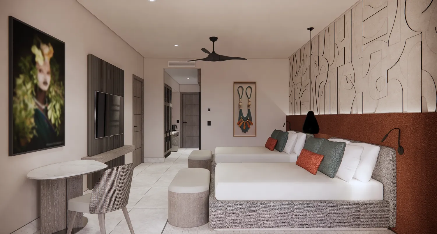 Modern suite at the Zemi Miches All-Inclusive Resort, featuring twin beds and a chic design.