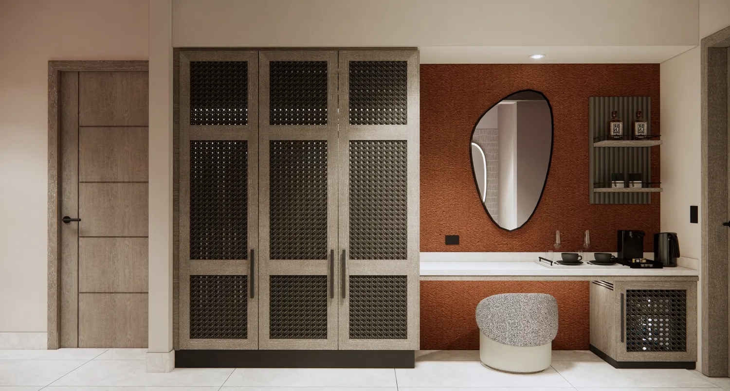Modern vanity with woven-door wardrobe at the Zemi Miches resort.