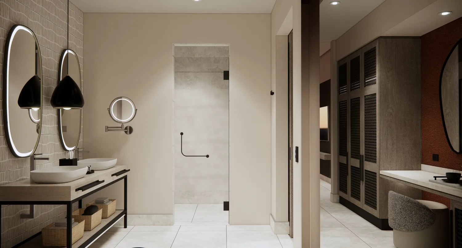 Luxurious bathroom at the Zemi Miches All-Inclusive Resort. Double vanity, walk-in shower.