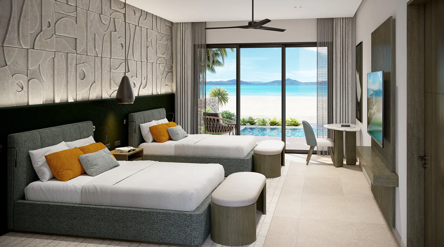 Luxurious beachfront bedroom at Zemi Miches All-Inclusive Resort. Two beds, ocean view.