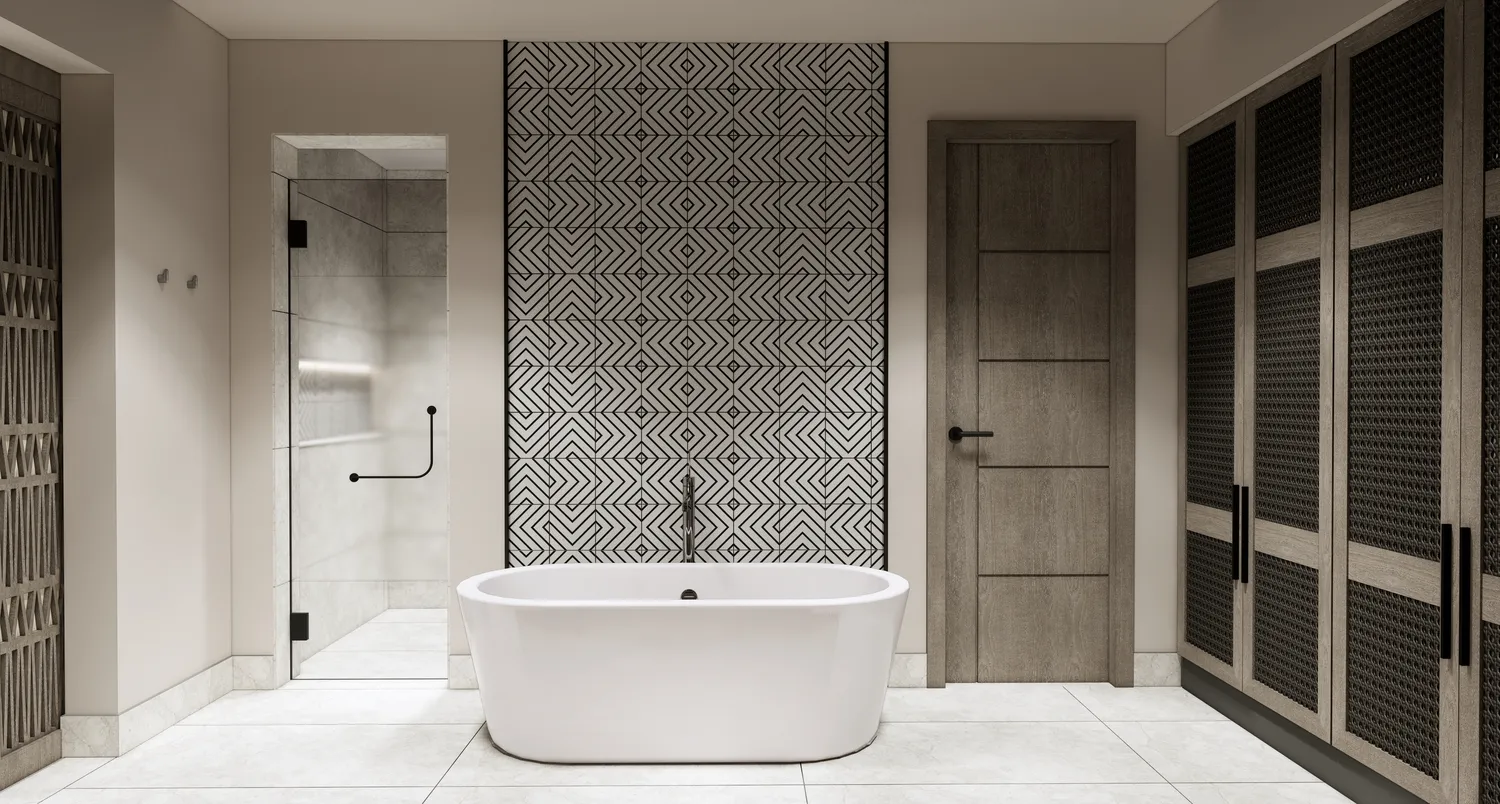 Modern bathroom at the Zemi Miches All-Inclusive Resort. Features a freestanding tub and patterned tile.