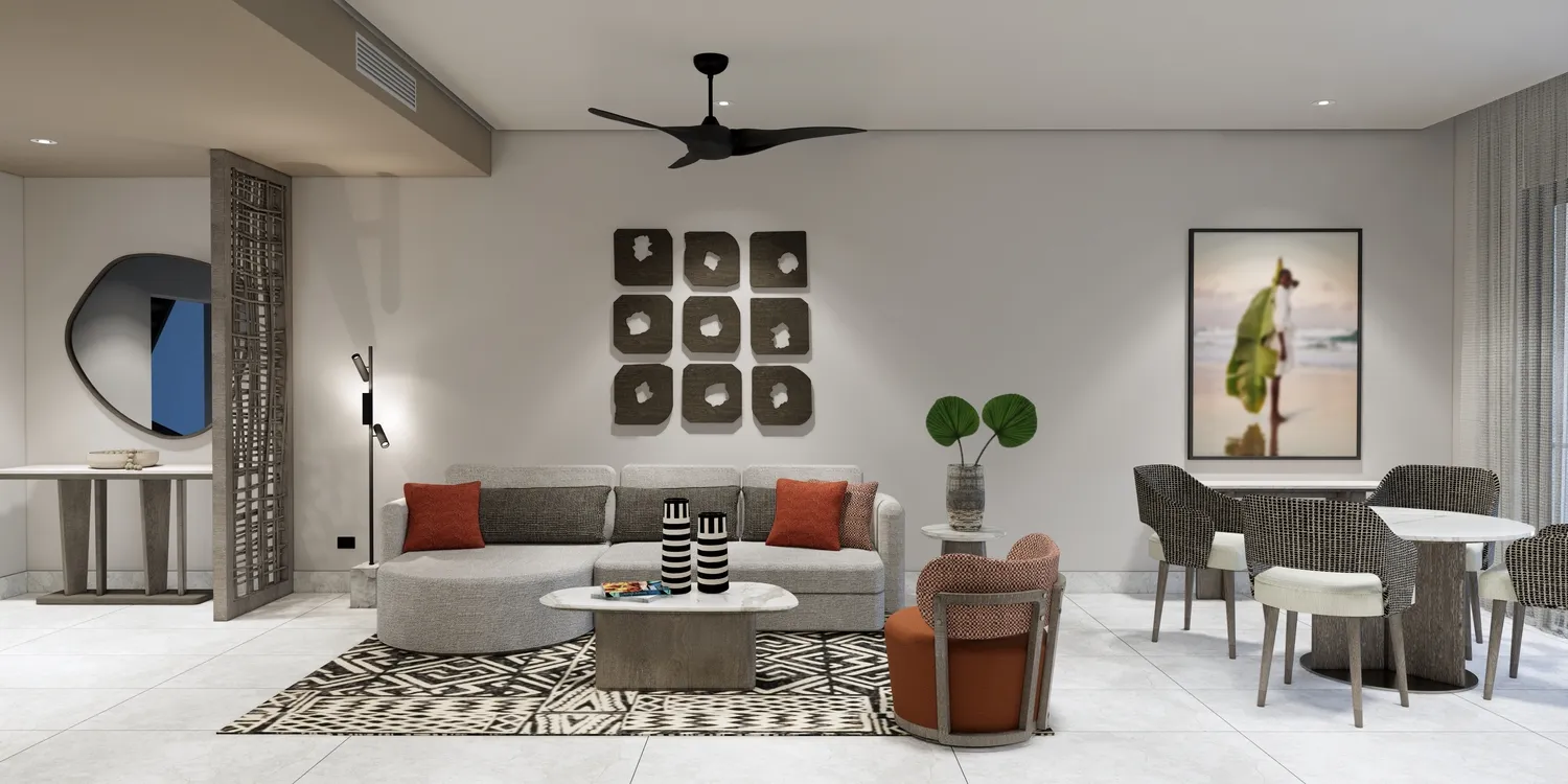 Modern suite at the Zemi Miches All-Inclusive Resort, featuring a comfortable seating area and dining space.
