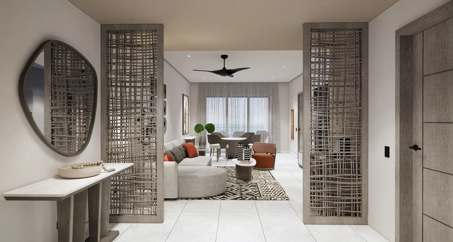 Modern suite interior at the Zemi Miches All-Inclusive Resort. Features include woven room dividers and comfortable seating.