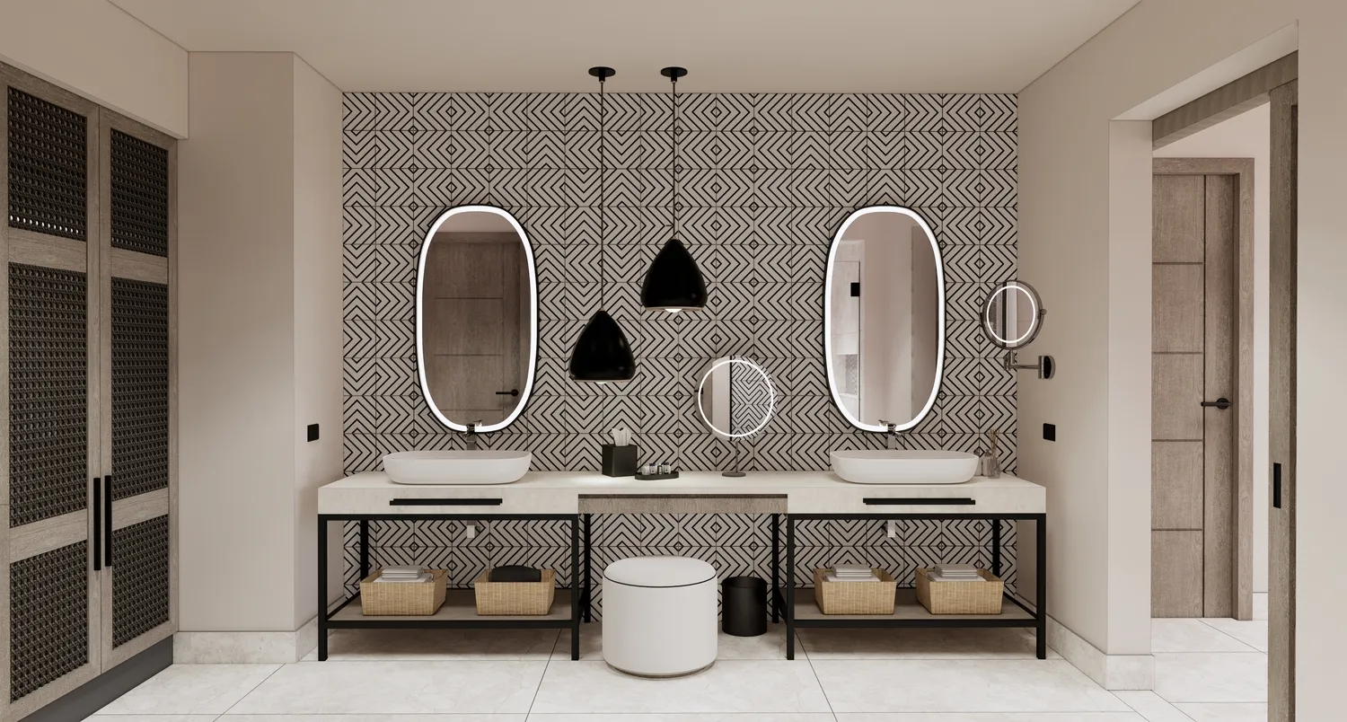 Modern bathroom at the Zemi Miches All-Inclusive Resort, featuring double vanities and geometric tile.