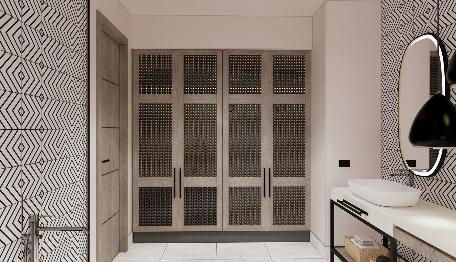 Modern bathroom at the Zemi Miches All-Inclusive Resort, featuring patterned walls and a stylish vanity.