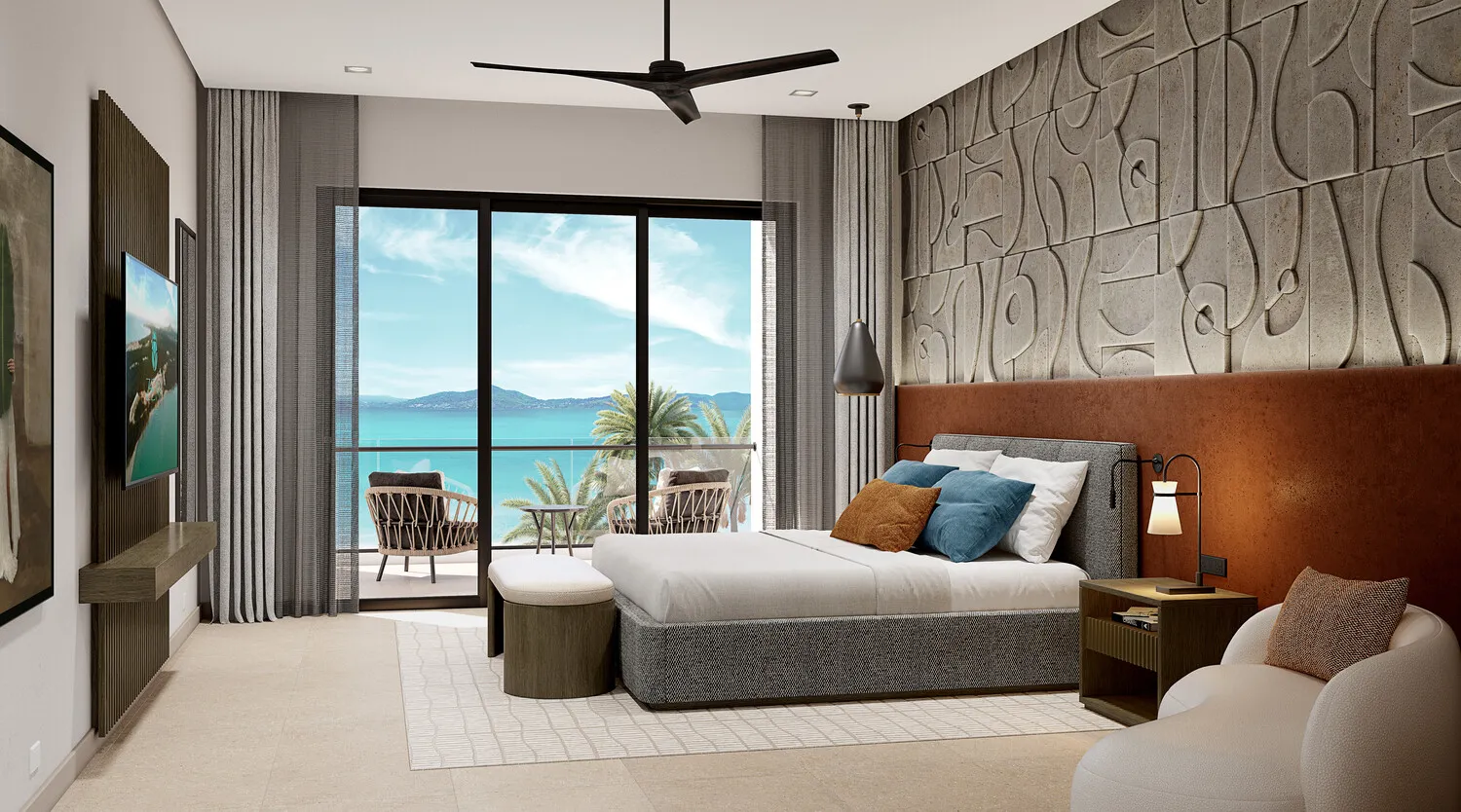 Luxurious bedroom at the Zemi Miches All-Inclusive Resort, overlooking the ocean.