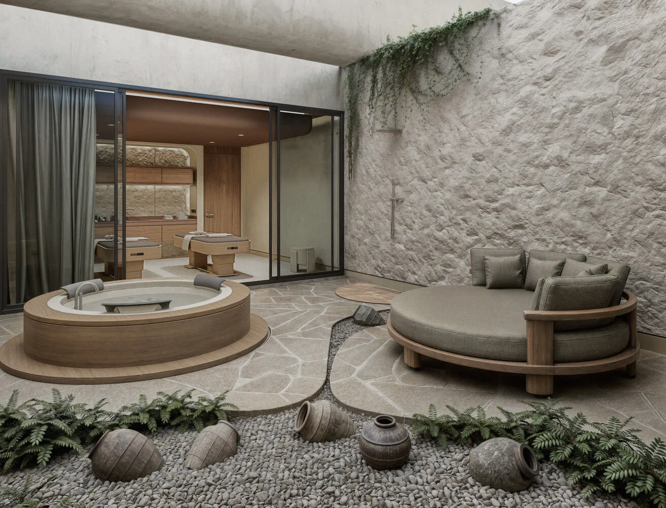 Relaxing spa courtyard at Zemi Miches All-Inclusive Resort. Hot tub and daybed.